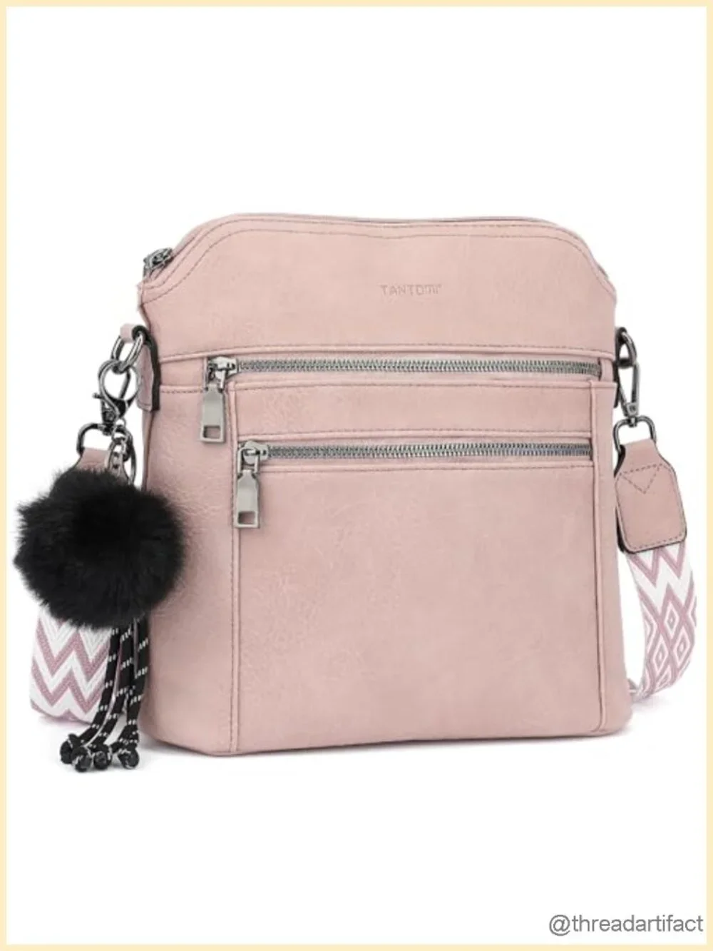 Vegan Leather Crossbody Hobo Bag with Wide Strap & Pom-Pom